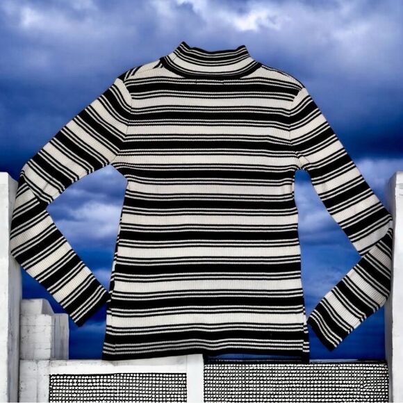 Say What? Sweater Black & White Asymmetrical Striped Turtleneck - Junior’s L - Picture 12 of 16
